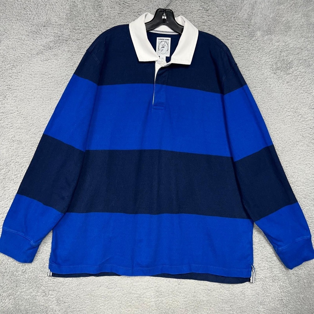 VTG Lands' End Rugby Shirt Men's 2XL XXL Blue Striped Polo‎ Long Sleeve Pullover
